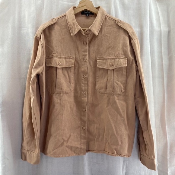 Lulus Womens Shirt Jacket Button Up Long Sleeve Cotton Tan Military Small - Picture 1 of 8